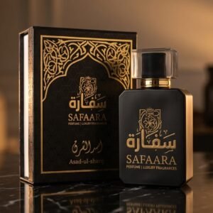 Luxury black and gold perfume bottle from Safaara Fragrances, Asad-ul-Sharq edition, featuring Arabian geometric patterns.