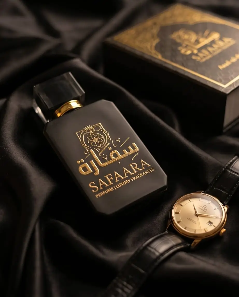 Premium black and gold Asad-ul-Sharq perfume bottle by Safaara Fragrances with Arabian-inspired design.