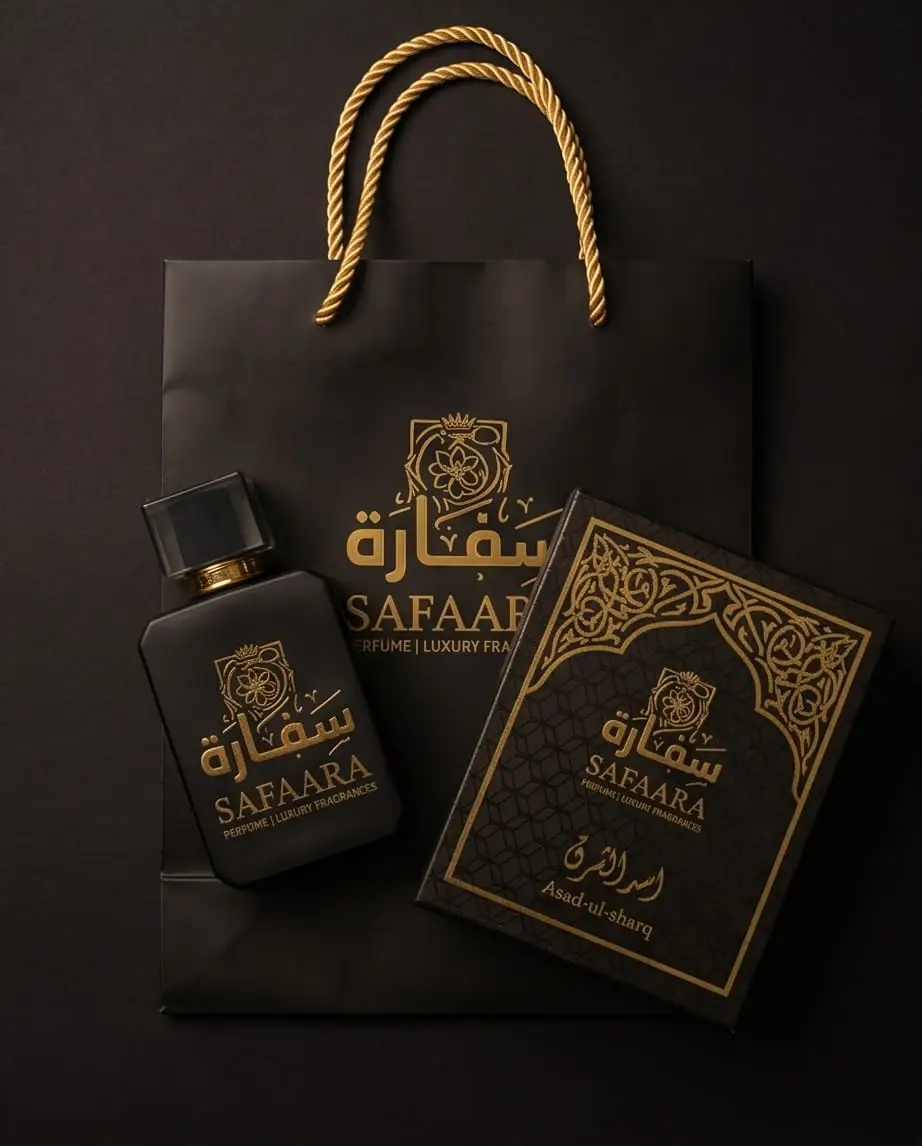 Luxury Asad-ul-Sharq perfume by Safaara Fragrances, featuring a black bottle and gold Arabian geometric design.