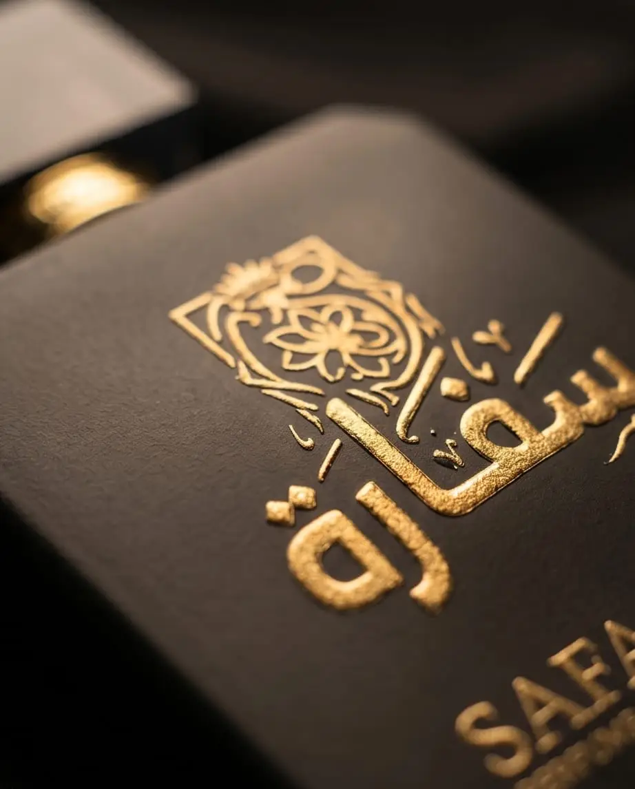 Elegant black and gold bottle of Asad-ul-Sharq luxury perfume by Safaara Fragrances with intricate Arabian geometric patterns.