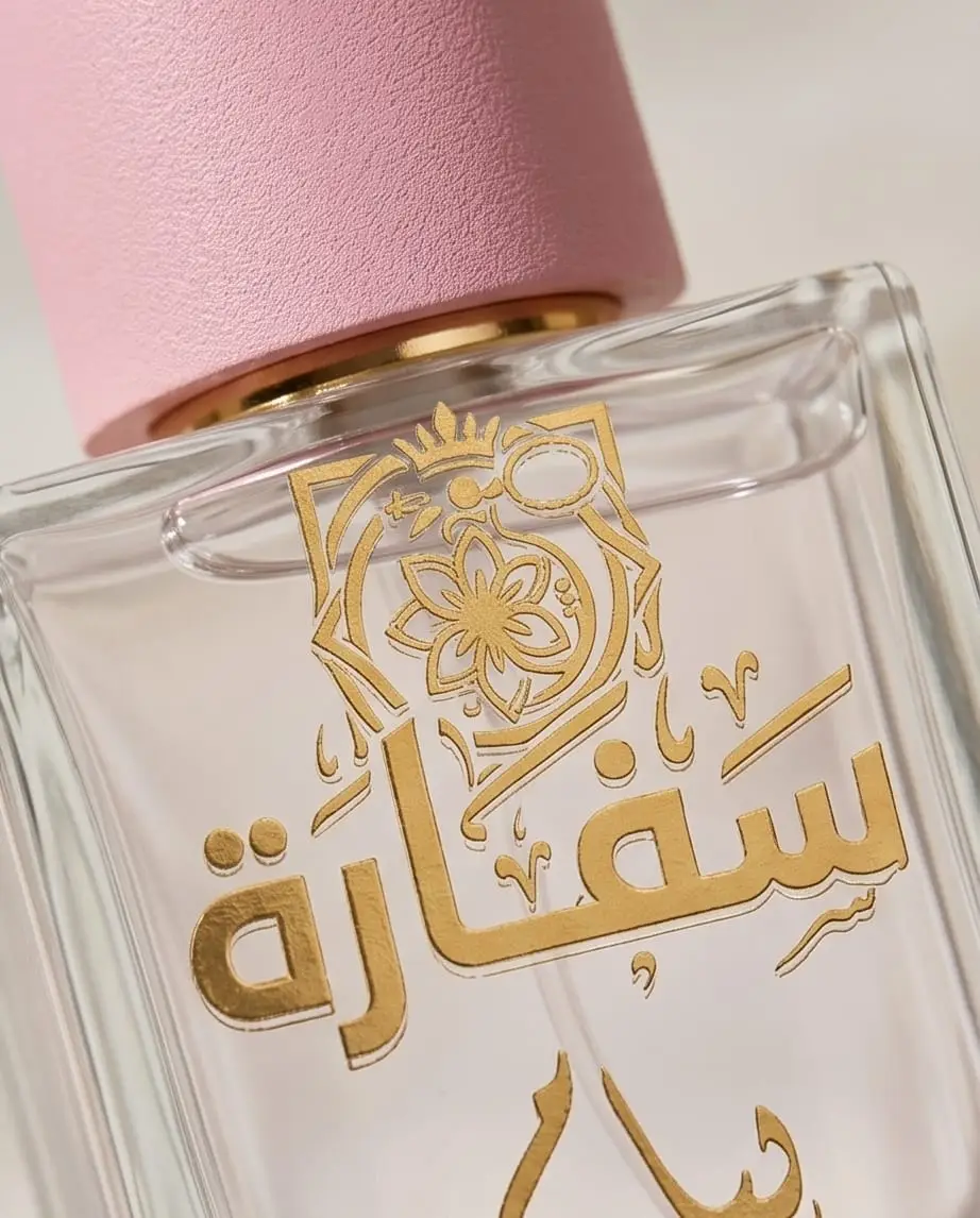 Hiyam luxury perfume bottle by Safaara Fragrances with white and gold packaging and Arabian geometric patterns.
