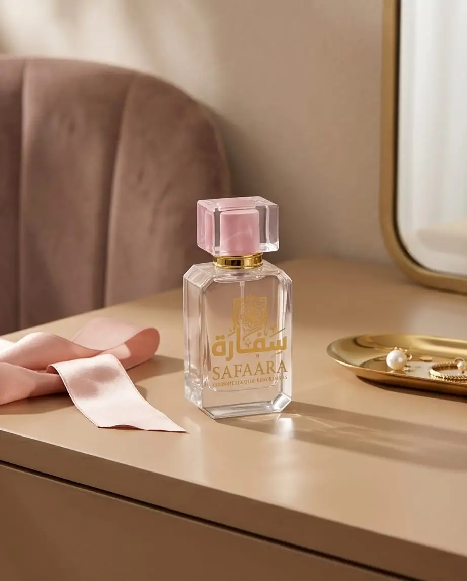 Hiyam by Safaara Fragrances in white and gold luxury bottle with Arabian geometric motifs.