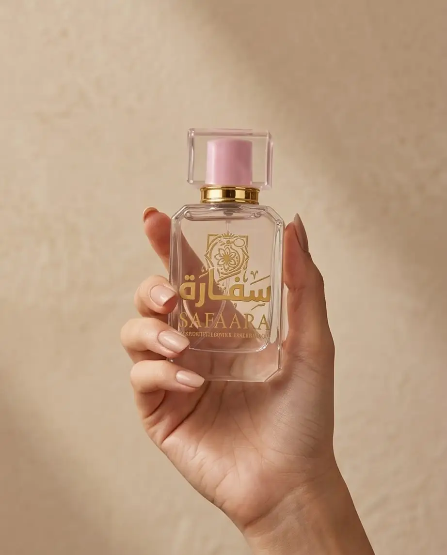 Hiyam perfume by Safaara Fragrances, featuring a white and gold bottle with Arabian geometric design.