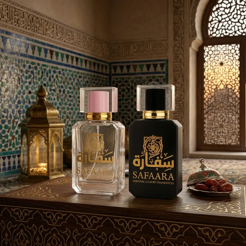Safaara Fragrances luxury perfume bottles in a traditional Arabian setting with a decorative lantern and dates.