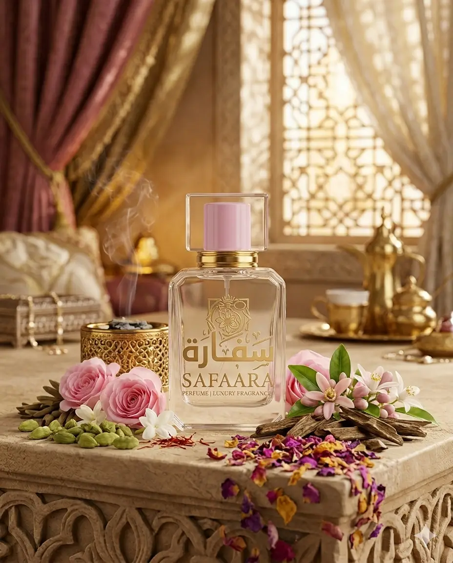 Hiyam perfume bottle by Safaara Fragrances, displaying white and gold luxury design with Arabian geometric patterns.
