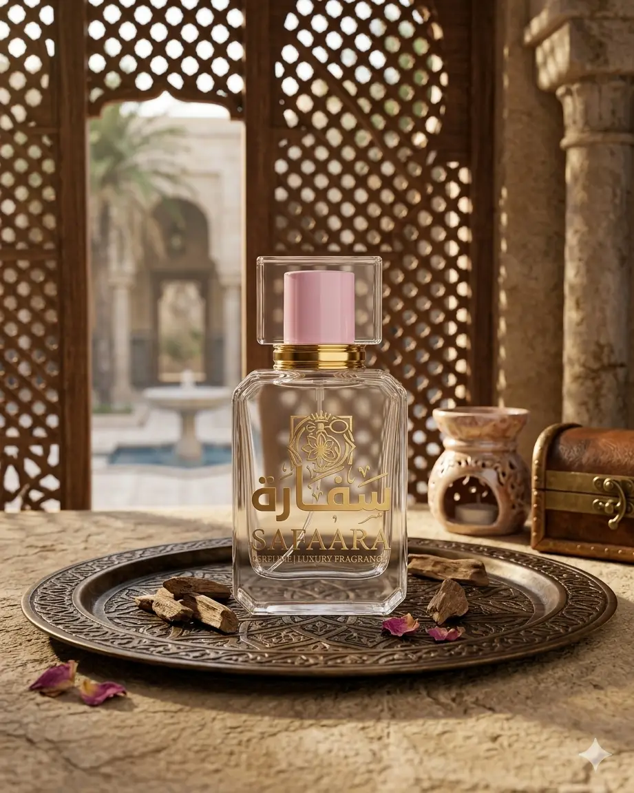 Hiyam perfume by Safaara Fragrances featuring a white and gold bottle with intricate Arabian geometric patterns.