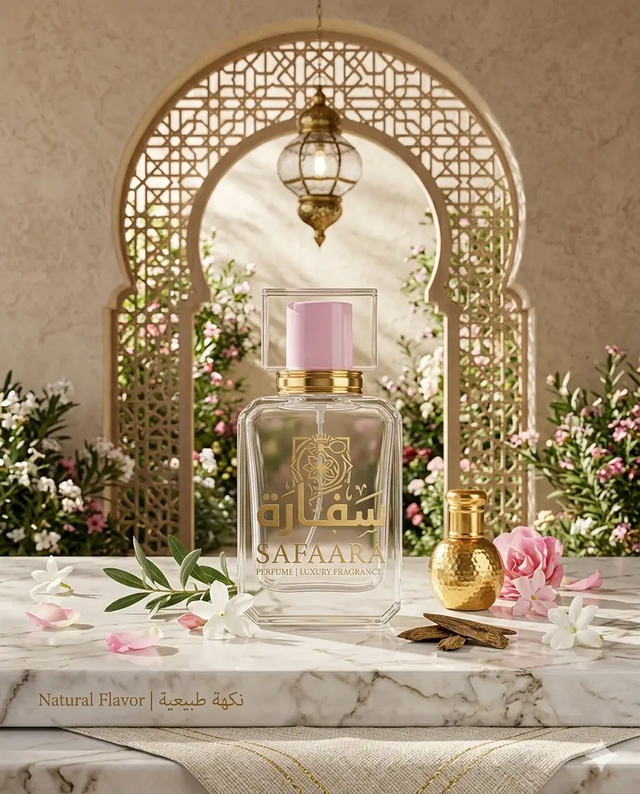Hiyam perfume by Safaara Fragrances, featuring a white and gold bottle with Arabian geometric design.