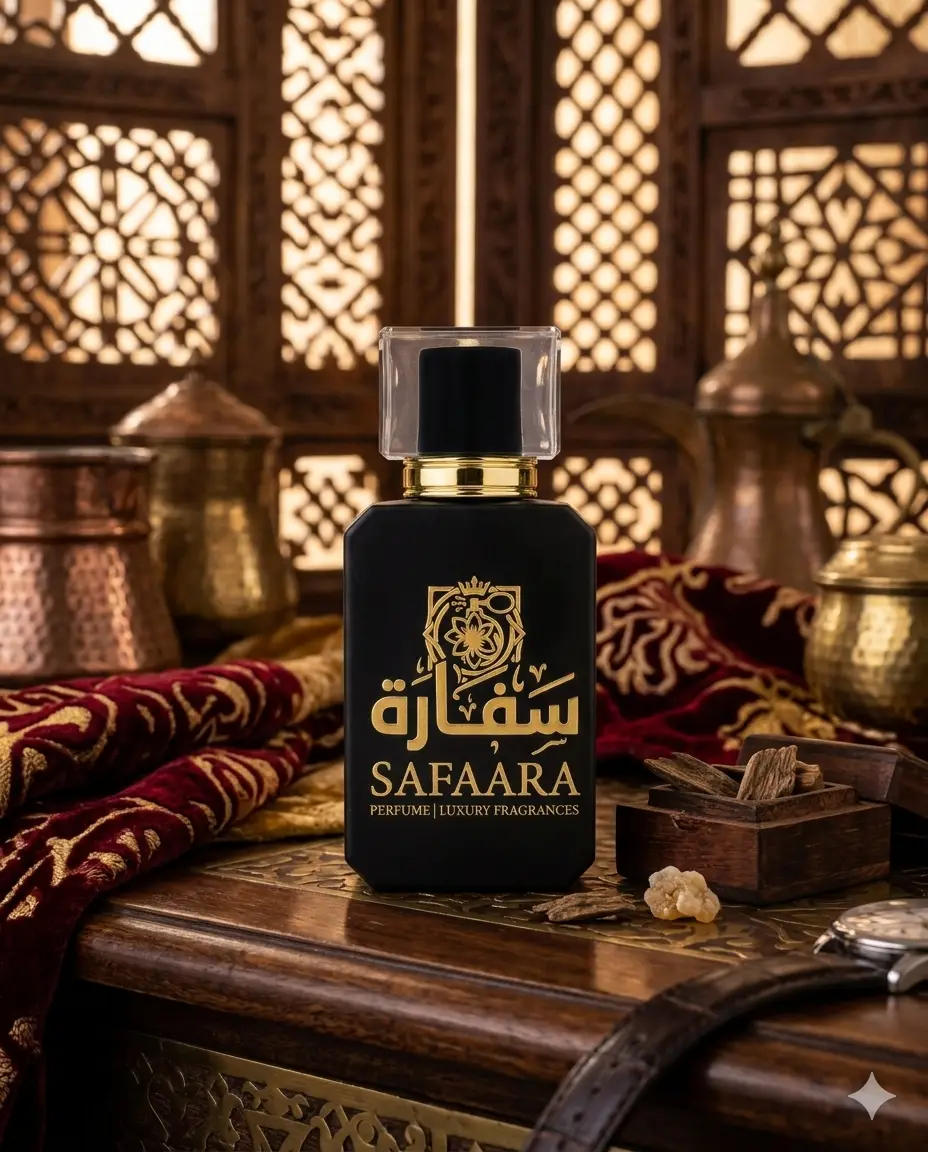 Limited edition Safaara Fragrances perfume bottle presented with a traditional incense burner and luxury Arabian decor.