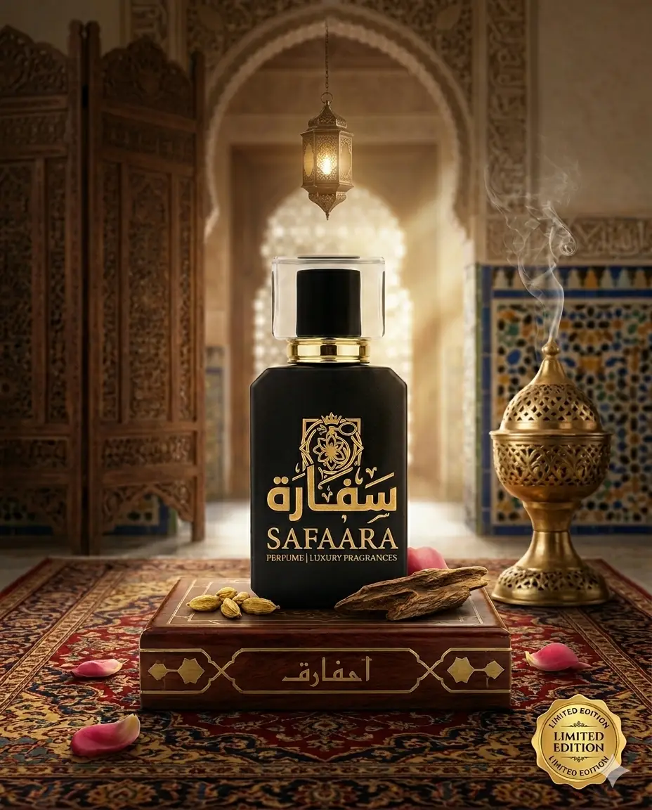 Limited edition Safaara Fragrances perfume bottle in a traditional Arabian setting with incense burner and intricate decor.