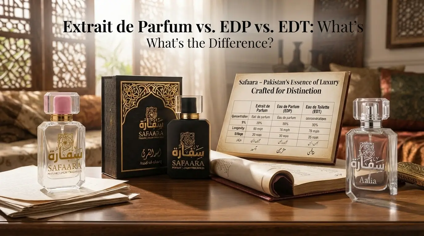 A luxury wooden desk setting featuring Safaara perfume bottles, including the Hiyam and Asad-ul-sharq editions, alongside an educational chart explaining the differences between Extrait de Parfum, Eau de Parfum, and Eau de Toilette.