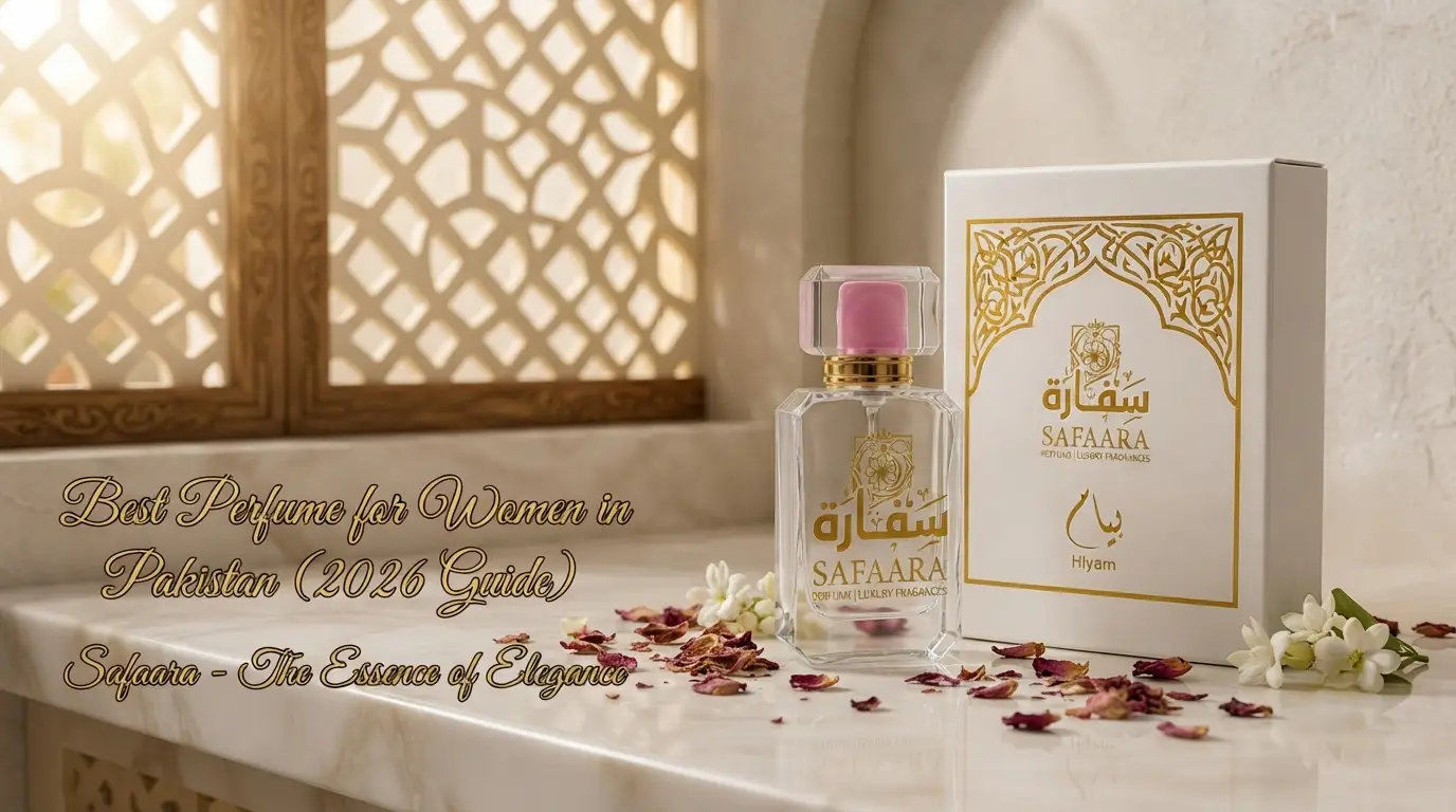 A horizontal, luxurious product shot of the Safaara "Hiyam" perfume bottle and its elegant white and gold box placed on a marble surface, adorned with scattered flower petals in a soft, sunlit setting.