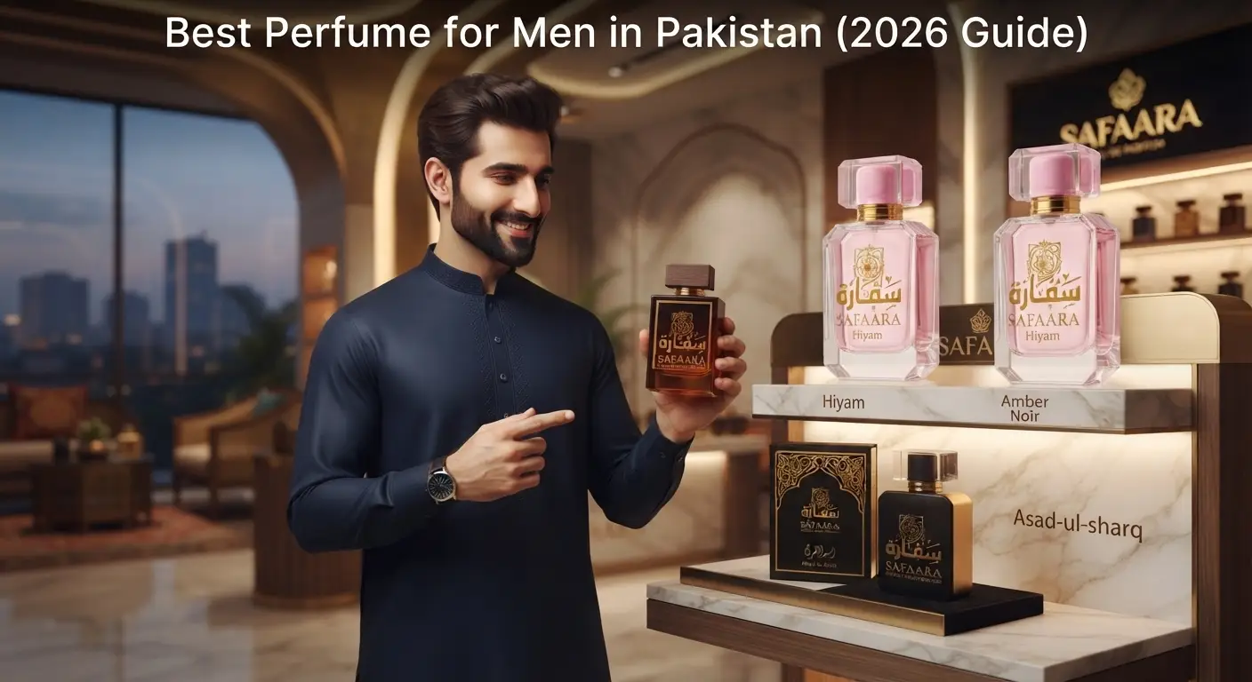 A man in a traditional navy blue kurta showcasing luxury Safaara perfume bottles, including Hiyam and Asad-ul-sharq, in a premium boutique setting.
