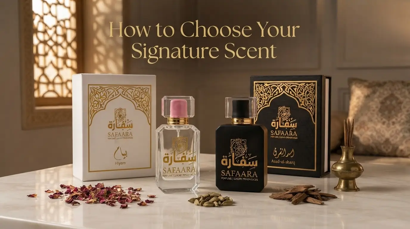 A luxury perfume display on a marble table featuring two branded Safaara fragrance bottles (one clear with a pink cap, one black with a black cap), their matching ornate boxes, and scattered natural ingredients like dried rose petals, cardamom, and oud wood.